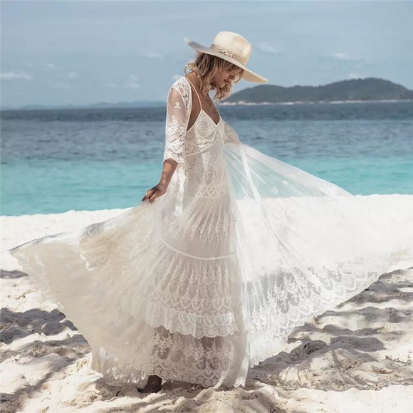 New Vintage Lingerie Look Mesh Lace Embroidered Maxi Kimono Duster Robe - Picture 3 of 10